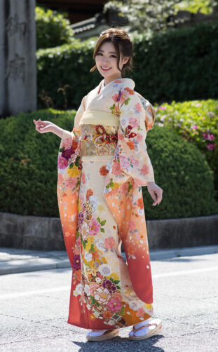 Cream-Colored Girly Furisode with a Classic Pattern
