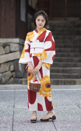 Girly Red and White Yukata with a Sunflower Pattern