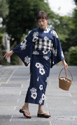 Calming Navy Blue Yukata with a Floral Pattern